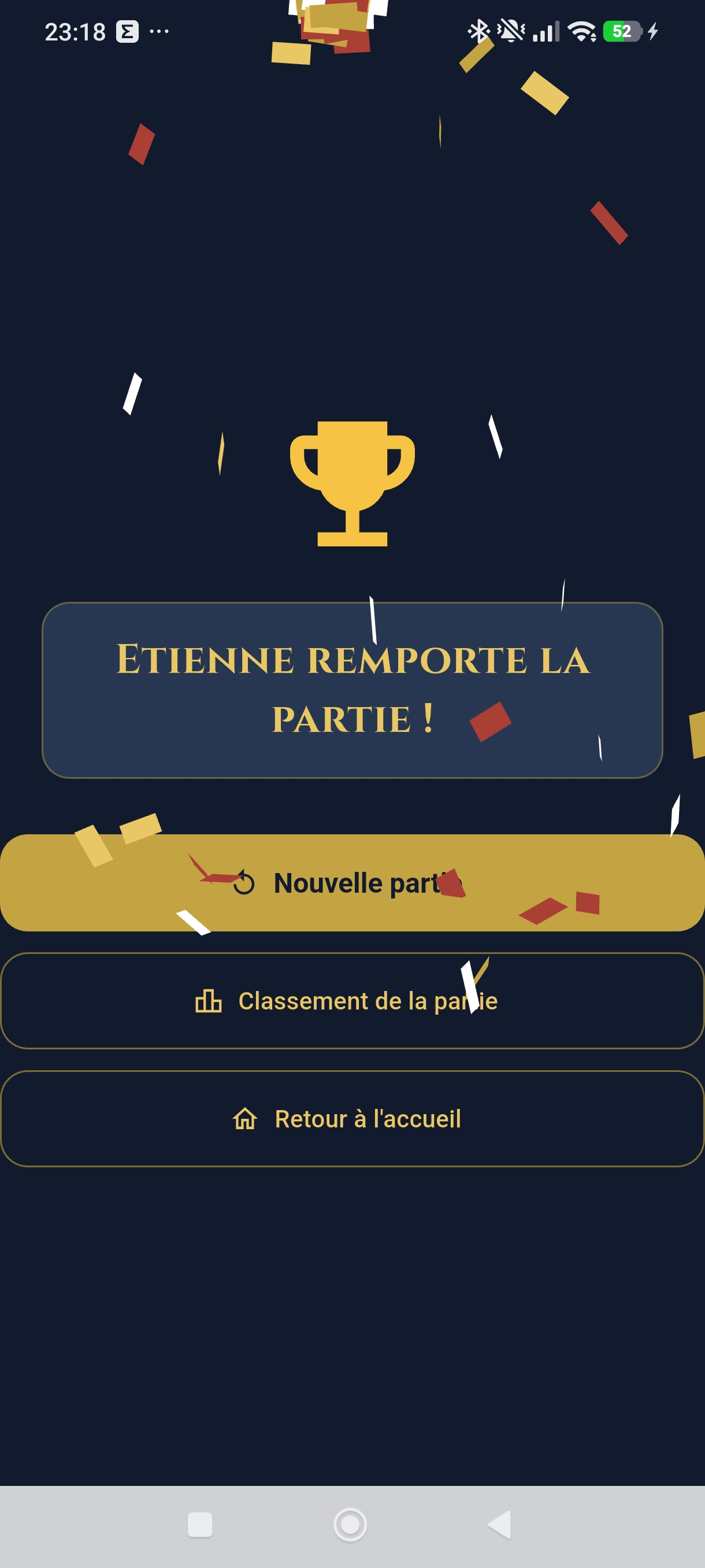 Écran de victoire avec confettis